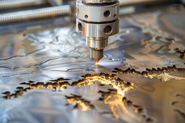 Aufkleber - Laser cutting process in a modern workshop creates intricate designs on metal sheets with vibrant sparks flying in every direction