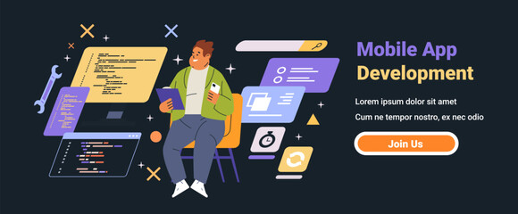 Wall Mural - mobile app development programmer coding software tools. developer holding tablet and smartphone sur