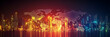 © HQAsset - Global Cityscape, Illuminated Skyline Reflecting World Map, a vibrant representation of interconnected urban areas showcasing global communication and international collaboration effectively.