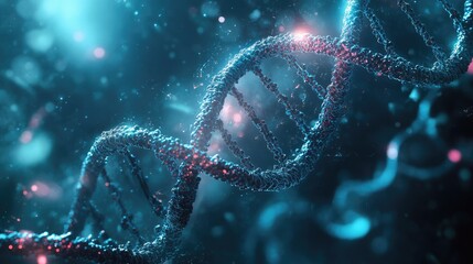 Wall Mural - close-up view of a dna double helix structure in a digital, abstract environment.