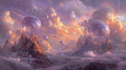 Wall Mural - A serene celestial composition of glowing orbs suspended in swirling nebulas, illuminated by radiant beams of light in pastel hues of lavender, teal, and peach, creating a mystical cosmic vibe. 