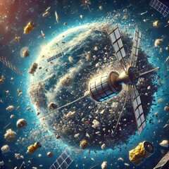 Wall Mural - Space Debris in Orbit An illustration showcasing the problem of