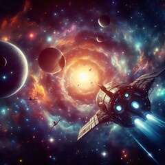 Wall Mural - Space Odyssey A spaceship traveling through the galaxy with star