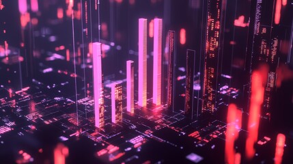 Poster - A D bar graph representing financial data growth, set against a dark background with a digital interface and various financial symbols around it.