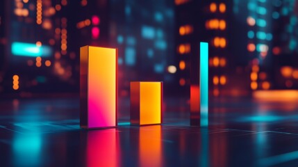 Fototapete - A D bar graph with bright, metallic bars showing financial data in a minimalist setting, with a modern, sleek digital interface in the background.