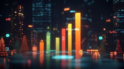Poster - A D bar graph representing financial data growth, set against a dark background with a digital interface and various financial symbols around it.