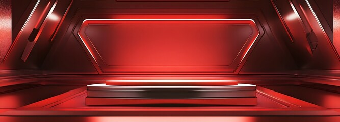 Wall Mural - A futuristic metallic podium with sharp edges and an empty space, set against a rich red background.