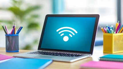 Fototapete - A close-up of a laptop screen displaying a Wi-Fi connection icon, surrounded by notebooks and stationery, creating a modern workspace atmosphere.
