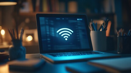 Fototapete - A close-up of a laptop screen displaying a Wi-Fi connection icon, surrounded by notebooks and stationery, creating a modern workspace atmosphere.