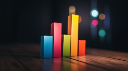 Leinwandbilder - A financial dashboard displaying a D bar graph with colorful rising bars, set against a dark background with subtle lighting effects.