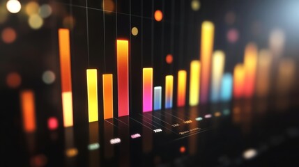 Leinwandbilder - A financial dashboard displaying a D bar graph with colorful rising bars, set against a dark background with subtle lighting effects.