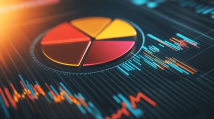 Fototapete - A financial pie chart and line graph in vibrant colors, depicting key business data and market insights on a sleek, modern screen.