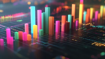 Leinwandbilder - A futuristic financial D bar graph showing rising bars in bright colors, floating against a digital grid background with financial symbols.