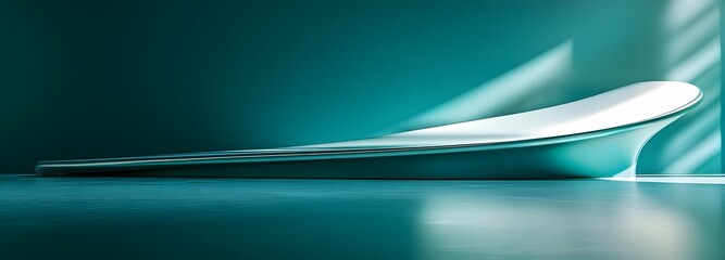 Wall Mural - A futuristic metallic podium with sleek curves and an empty space, set against a bright teal backdrop.
