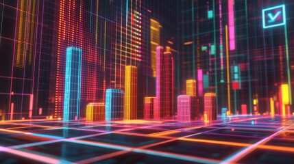 Leinwandbilder - A futuristic financial D bar graph showing rising bars in bright colors, floating against a digital grid background with financial symbols.