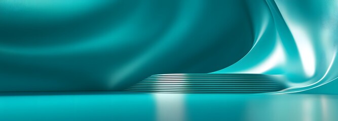 Wall Mural - A futuristic metallic podium with sleek curves and an empty space, set against a bright teal backdrop.