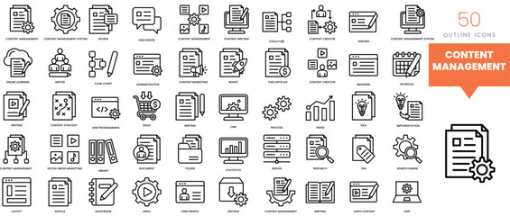 Set of minimalist linear content management icons. Vector illustration