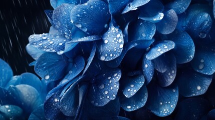 Poster - A macro shot of a vibrant blue hydrangea with raindrops on its petals, creating a stunning visual effect that emphasizes the flowers texture and color.