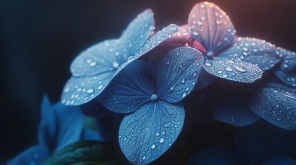 Poster - A macro shot of a vibrant blue hydrangea with raindrops on its petals, creating a stunning visual effect that emphasizes the flowers texture and color.