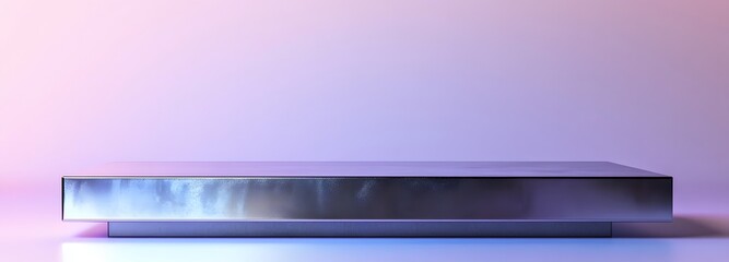 Wall Mural - a compact metal podium with a shiny silver surface and an empty display area, set on a soft lilac-co