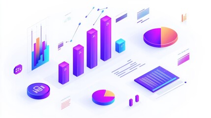 Leinwandbilder - A set of bar and pie charts displaying financial performance metrics, surrounded by stock symbols and futuristic data overlays.