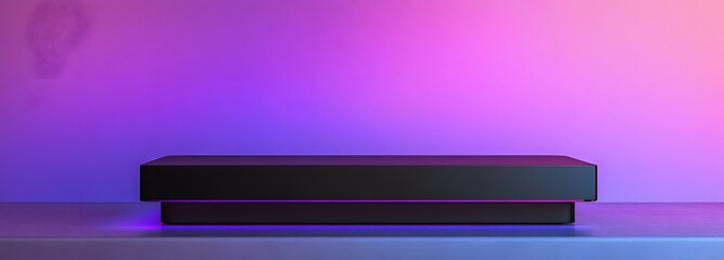 Wall Mural - a sleek black podium with sharp lines and a spacious empty display area, set against a gradient viol