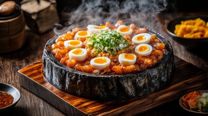 Canvas Print - A steaming bowl of ramen topped with fresh ingredients, including soft-boiled eggs and green onions, displayed on a rustic wooden table.