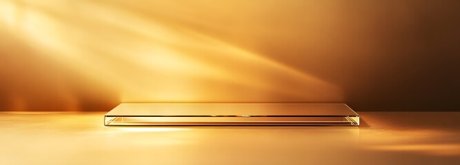 Wall Mural - a modern glass podium with a sleek design and an empty space for product display, set against a rich