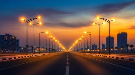 Aufkleber - Streetlights glowing on an empty city road at dawn, with the first hints of sunlight in the sky and a serene, quiet morning atmosphere.