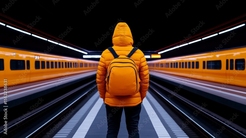Urban Transit: A lone figure, clad in a vibrant orange puffer jacket ...