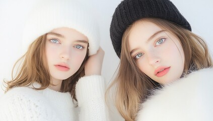 Wall Mural - Two young women in winter hats and sweaters posing against a white backdrop.