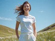 © Hannah - Happy healthy vibrant woman wearing white t shirt outdoor, sunny and in the flower fields