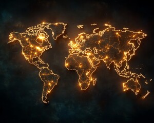 an intricate 3d visualization of a world map with illuminated lights and digital connections, symbol