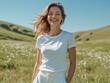 © Hannah - Happy healthy vibrant woman wearing white t shirt outdoor, sunny and in the flower fields