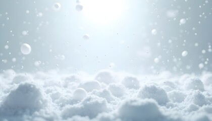 Fototapete - A generative AI illustration of an abstract background featuring white foam particles floating through the air in a bright, illuminated setting