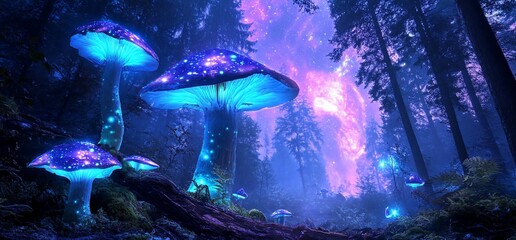 Wall Mural - A mystical forest scene with glowing mushrooms under a cosmic sky.