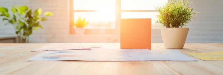 Aufkleber - Sunlit Office Space with Business Documents on Wooden Table