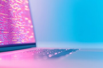 Poster - Neon-Lit Coding Passion Glowing Keyboard and Laptop in Modern Tech Workspace
