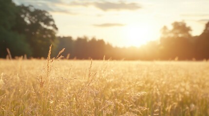 Wall Mural - A golden sunset casts warm light over soft wild grass in a meadow, creating a peaceful ambiance during late afternoon hours