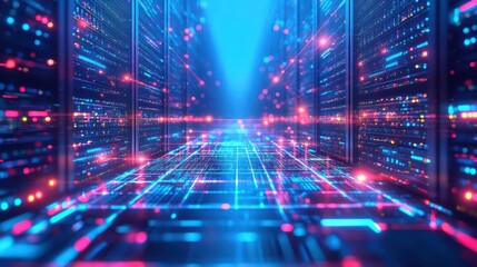 Leinwandbilder - Tower of glowing server racks extending to infinity, computational power, infinite possibilities
