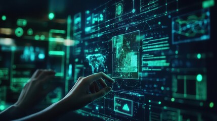 Aufkleber - Team building a digital ecosystem on AR interfaces, glowing green and blue visuals, dark background, techinspired design