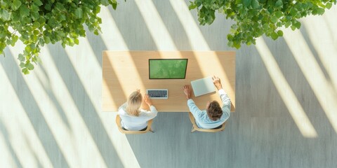 Aufkleber - Collaborative Professionals Aerial View of Modern Office Teamwork on Laptop