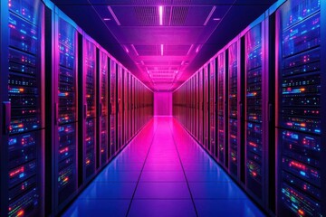 Leinwandbilder - Data center interior with infinite glowing servers, computational power, hightech network