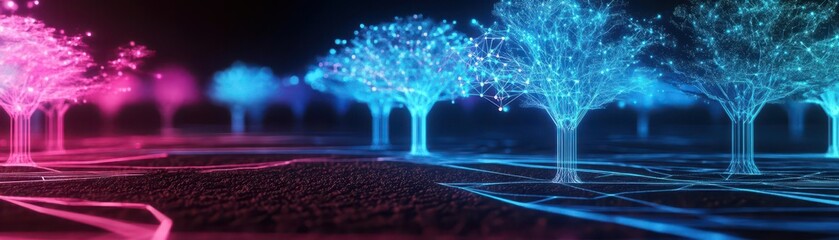 Poster - A futuristic grove where the trees are holographic projections over barren soil, abstract, neon colors, AI art style