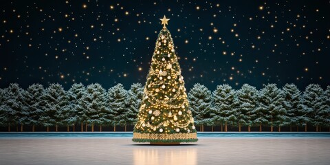 Wall Mural - A beautifully decorated Christmas tree stands in a winter landscape, surrounded by snow-covered trees under a starry night sky, creating a festive and enchanting atmosphere.