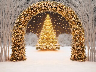 Wall Mural - A beautifully decorated archway leads to a glowing Christmas tree, surrounded by snow and twinkling stars, creating a magical winter scene perfect for holiday celebrations.