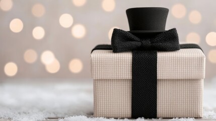 Wall Mural - A beautifully wrapped gift box with a black bow and hat, set against a soft, blurred background of warm lights and snow, evoking a festive and celebratory atmosphere.