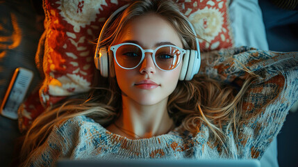 Wall Mural - Young woman relaxed at home with headphones on, enjoying music and browsing on a tablet, cozy atmosphere with warm lighting and comfy decor