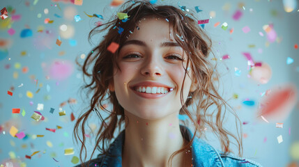 Wall Mural - Joyful young woman celebrating with colorful confetti, radiant smile and sparkling eyes, casual denim jacket, against a light background, festive atmosphere