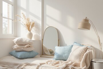 Wall Mural - Cozy Minimalist Bedroom with Soft Textiles and Natural Light